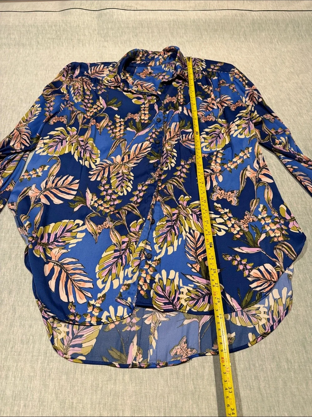 Free People Navy Blue Botanical Satin Button-Down Blouse